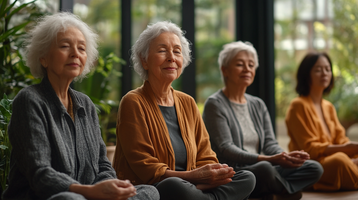 Възрастни хора практикуват йога с технологии